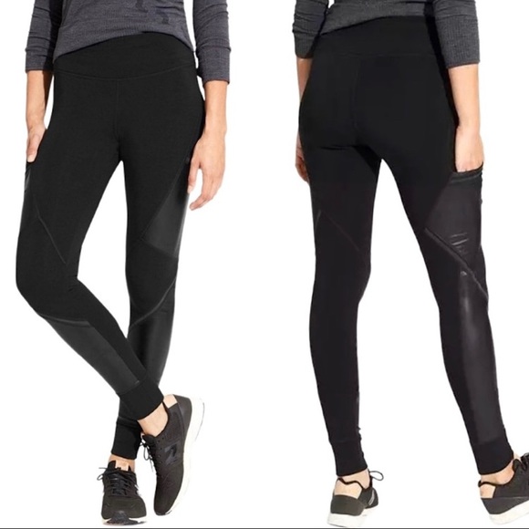 Athleta Urban Cozy Faux Leather Panel Fleece Lined Leggings size SP - Picture 2 of 14
